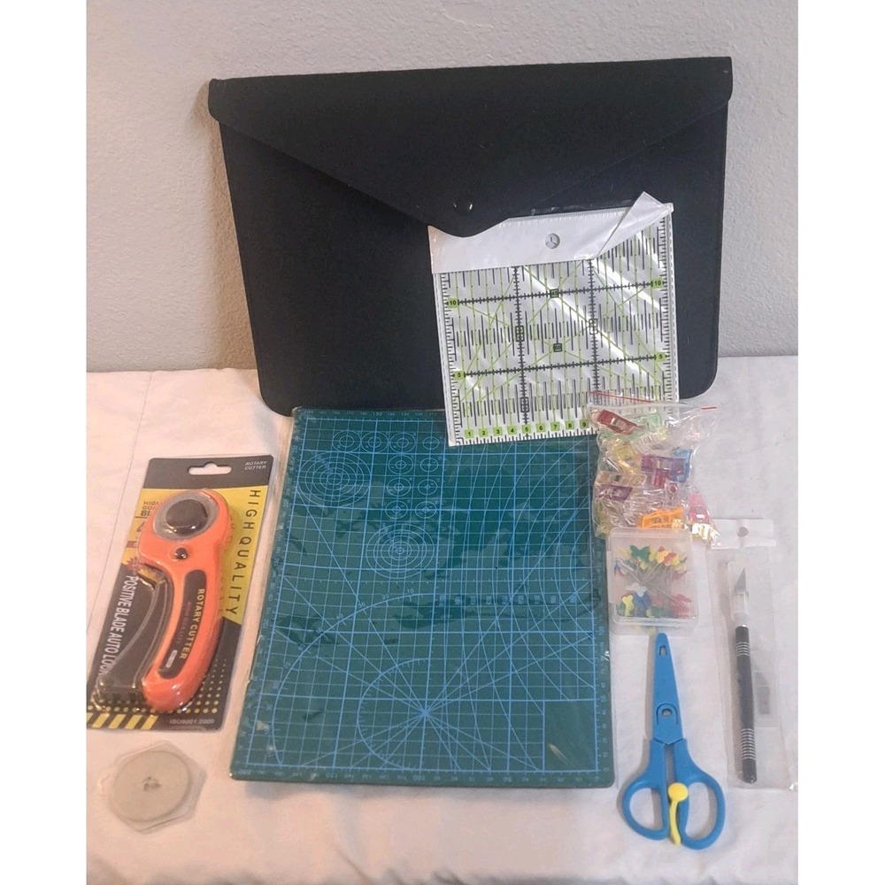 Sewing & Craft Cutting Kit Mat Rotary Cutter Ruler Clips Scissors Set All New